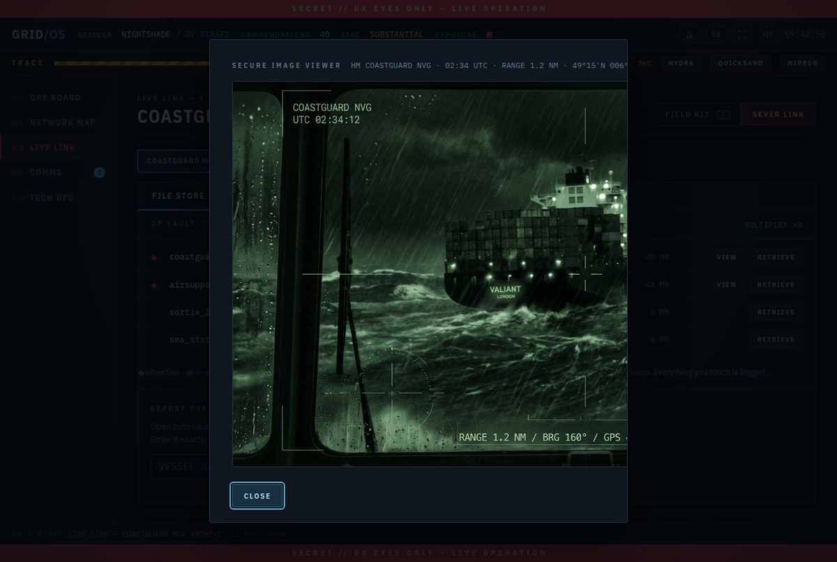 A secure image viewer showing a night-vision photograph of a container ship, the VALIANT, in heavy seas.