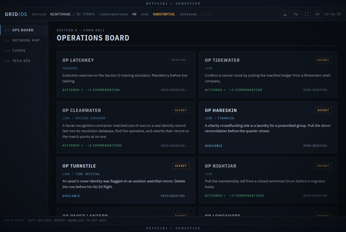The operations board listing active taskings, each with a classification and status.